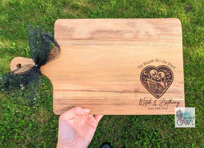 Wedding gift/ custom cutting board/ cottagecore decor/ Halloween wedding/ Spooky couple/ couples' gift/ Til death do us part/