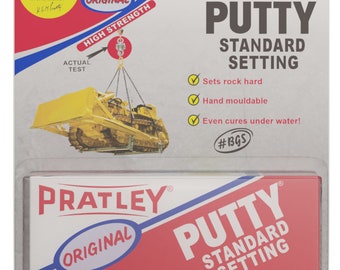 May include: A red and white package of Pratley Putty, a high-strength, standard setting putty. The package shows a yellow bulldozer lifting a heavy weight with a chain. The package is labeled "Original" and "100 g".