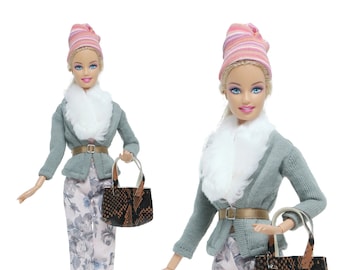 Winter Outfit For Doll 11.5 in - 12 in Winter Coat Fur Collar Trouser Knitting Hat Belt Handbag Shoes For 30 cm Doll 1/6 Doll Accessories