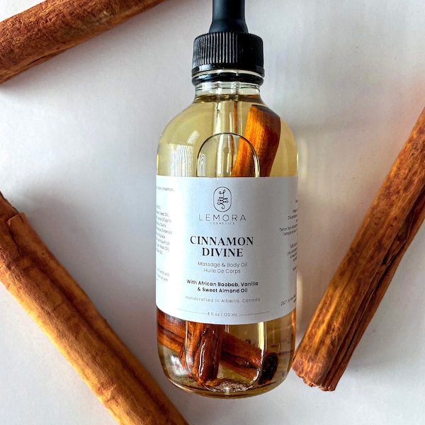 Cinnamon Body Oil - Solar Infused Cinnamon Massage Oil with Vanilla, Ginger, African Baobab and Sweet Almond Oil, Natural & Vegan Skincare