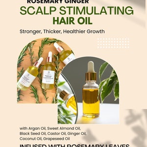 May include: Three amber glass bottles of rosemary ginger scalp stimulating hair oil with dropper tops. The bottles are on a wooden surface with rosemary sprigs. The text on the bottles reads "Rosemary Ginger Hair & Scalp Oil". The text on the image reads "Rosemary Ginger Scalp Stimulating Hair Oil" and "Stronger, Thicker, Healthier Growth". The text below the bottles reads "with Argan Oil, Sweet Almond Oil, Black Seed Oil, Castor Oil, Ginger Oil, Coconut Oil, Grapeseed Oil" and "Infused with Rosemary Leaves" and "www.lemoracosmetics.com".