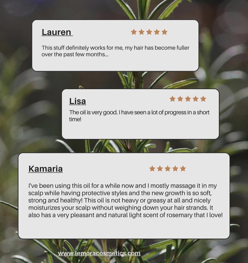 May include: Three customer reviews for a hair oil product. The reviews are positive and highlight the benefits of the oil, such as promoting hair growth, moisturizing the scalp, and having a pleasant scent. The reviews are from Lauren, Lisa, and Kamaria.