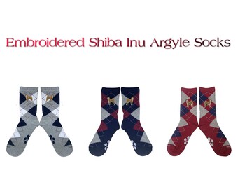 Embroidered Shiba Inu Unisex Argyle Socks - Comfortable and Fashionable Socks for Men and Women - YourBreed Clothing Company