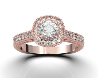 Rose Gold Verlobungsring Frauen, Art Deco Ring, Diamant Halo Ehering, Versprechen Ring, Moissanite Ring für sie, Vintage Jahrestagsgeschenk