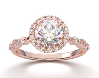 14K Solid Rose Gold Ring/ 1 Carat Diamond Wedding Ring/ Halo Engagement Ring/ Moissanite Ring/ Classic Promise Ring/ Gold Ring For Women
