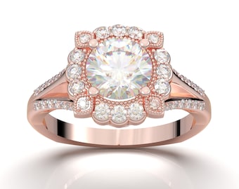 SALE - Blumen Halo Verlobungsring - 14K Rose Gold Ring - Art Deco Ehering - Halo Ring - Vintage Stil Ring - Versprechen Ring - 1 Carat