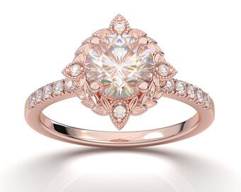 Rose Gold Engagement Ring, 14K Moissanite Ring for Women, Art Deco Halo Ring, Vintage Promise Ring, Diamond Anniversary Ring, Gift For Her