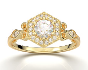VENTA - Anillo de oro amarillo de 14K - Anillo de compromiso de halo - Anillo de boda Art Deco - Anillo de diamantes - Anillo de estilo vintage - Anillo de promesa - Anillo de 1 quilate