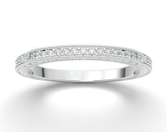 14K White Gold Ring voor vrouwen - Wedding Band - Vintage Art Deco Band - Stapelringen - Diamond Wedding Band - Minimalistische Matching Ring