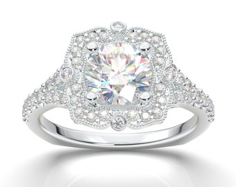 SALE - Round Halo Engagement Ring - Art Deco Wedding Ring - Halo Ring - Vintage Style Ring - Promise Ring - 14K White Gold Ring - 1 Carat
