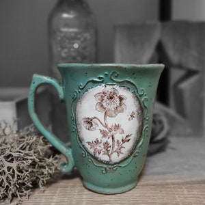 FLORAL ceramic mug, Hand painted flower cup, Victorian style mug, Rustic holiday decor, Sentimental gift mom, Plant lover mug, Anemone mug zdjęcie 3