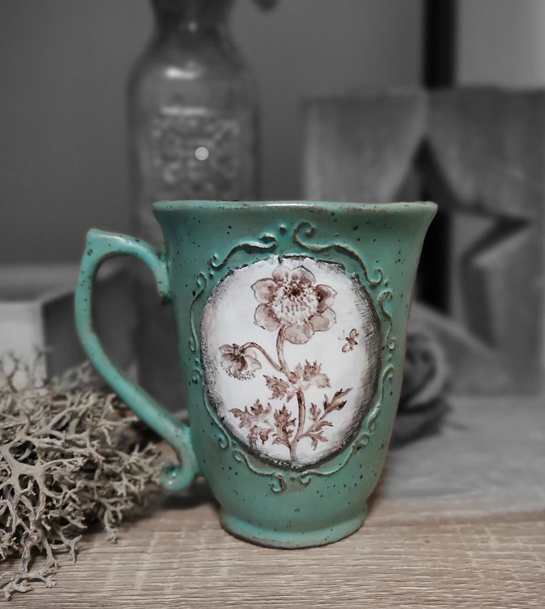 FLORAL ceramic mug, Hand painted flower cup, Victorian style mug, Rustic holiday decor, Sentimental gift mom, Plant lover mug, Anemone mug image 3
