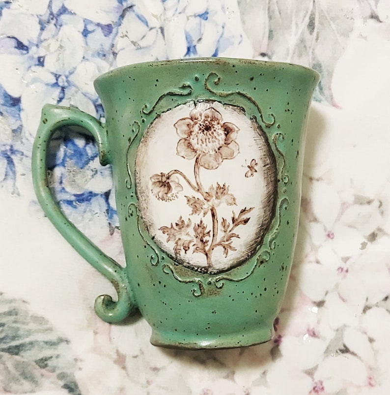 FLORAL ceramic mug, Hand painted flower cup, Victorian style mug, Rustic holiday decor, Sentimental gift mom, Plant lover mug, Anemone mug image 2