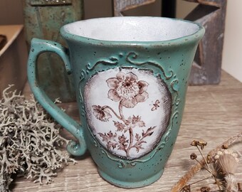 FLORAL ceramic mug, Hand painted flower cup, Victorian style mug, Rustic holiday decor, Sentimental gift mom, Plant lover mug, Anemone mug