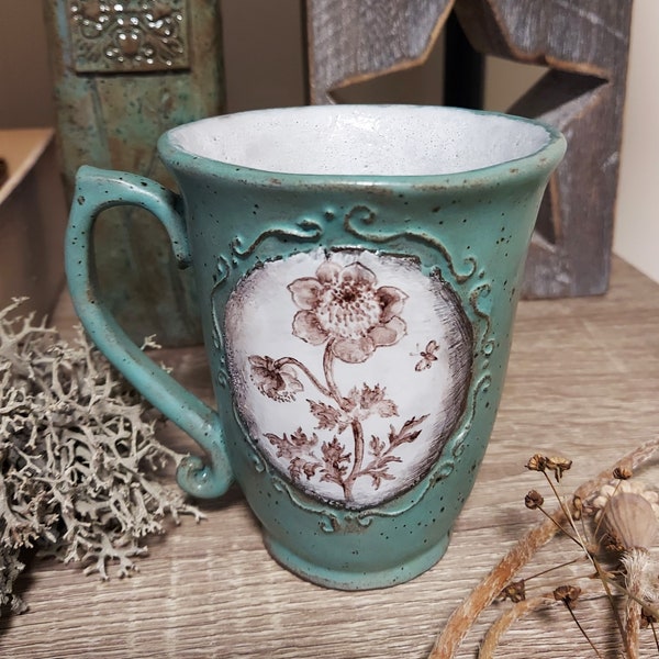 FLORAL ceramic mug, Hand painted flower cup, Victorian style mug, Rustic holiday decor, Sentimental gift mom, Plant lover mug, Anemone mug