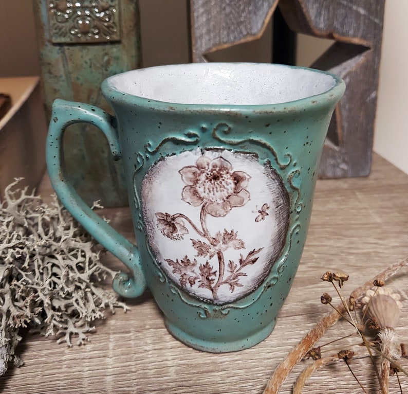 FLORAL ceramic mug, Hand painted flower cup, Victorian style mug, Rustic holiday decor, Sentimental gift mom, Plant lover mug, Anemone mug image 1