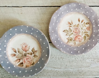 Rose ceramic plates, Vintage style decor, hand painted roses, gift for mom, flower plates, rustic decor, kitchen decor, wall decor