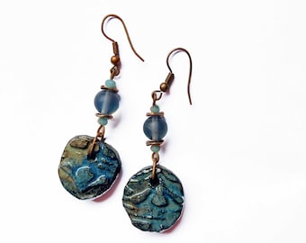 Ceramic earrings, Royal blue jewelry,  Blue ceramic earrings,  Folk jewelry, Unique gift for her, Elven Earrings, goblincore