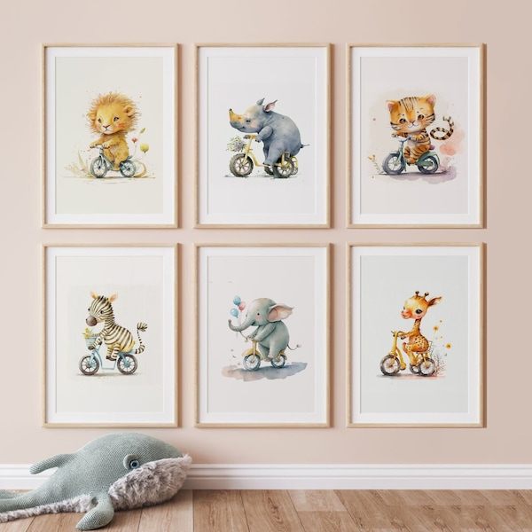Set of 6 Baby Animal Riding Bike Printable Wall Art - Baby Animal Print - Safari Nursery Wall Art - Baby Nursery Wall Decor - Digital Art