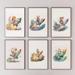 Set of 6 Little Boy with A Rocket Printable Wall Art - Little Boy Prints - Cute Baby Wall Art - Cute Nursery Wall Decor - Digital Art
