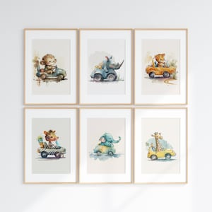 Set van 6 babydieren rijden auto afdrukbare Wall Art - dier in auto digitale kunst - schattige dieren kwekerij kunst aan de muur - Baby Nursery Wall Decor