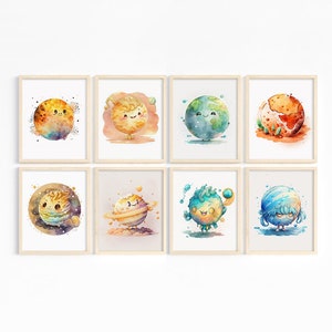 Cute Planet Prints Set of 8 Planet Wall Art - Printable Planet Poster - Baby Space Wall Art Set - Solar System Wall Art - Digital Download