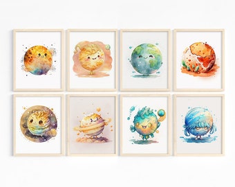 Cute Planet Prints Set of 8 Planet Wall Art - Printable Planet Poster - Baby Space Wall Art Set - Solar System Wall Art - Digital Download