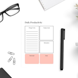 Planificador de productividad diaria, Planificador de objetivos semanal, Planificador de motivación, Notas diarias, Inserciones de planificador, Lista de tareas pendientes, Plan de acción, Digital