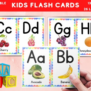 Fruits Alphabet Flashcards - Fruits Montessori Cards - Alphabet Educational Print - Picture Flashcards - Nomenclature Cards - 5 by 7 PDF