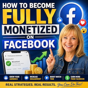 May include: A digital graphic titled HOW TO BECOME FULLY MONETIZED ON FACEBOOK featuring a smiling person pointing upward. The image includes a smartphone displaying a professional dashboard, stacks of gold coins, and social media icons.