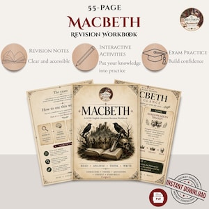 Puede incluir: Un cuaderno de repaso de 55 páginas sobre Macbeth con una portada que muestra una corona, una daga, una calavera y cuervos sobre un libro abierto. El documento incluye notas de estudio, actividades interactivas y ejercicios de examen.
