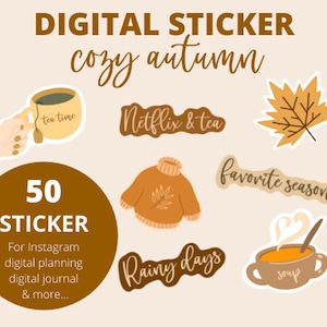 Könnte beinhalten: Ein Set mit 50 digitalen Stickern zum Thema gemütlicher Herbst. Die Sticker zeigen Illustrationen einer Tasse Tee, eines Pullovers, eines Blattes, einer Schüssel Suppe und Text mit den Worten "Netflix & Tee", "Regentage", "Lieblingsjahreszeit" und "Teezeit".