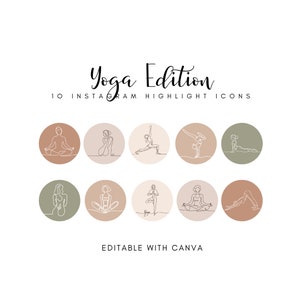 Könnte beinhalten: Satz mit 10 Instagram-Highlight-Icons mit Strichzeichnungen von Frauen in verschiedenen Yoga-Posen. Die Icons sind im minimalistischen Stil gehalten mit einer neutralen Farbpalette in Braun, Beige und Grün.