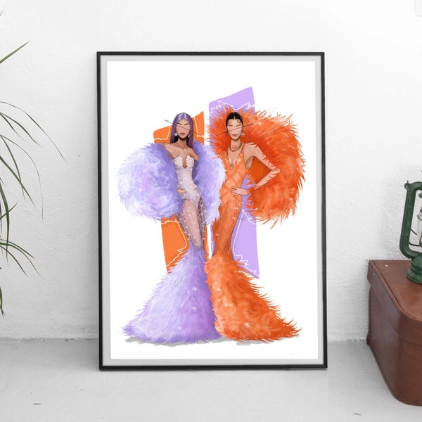 Kylie und Kendall Met Gala Fashion Illustration | Wandkunst | Geschenkideen | A5 | A4 | A3 | Mode Illustration