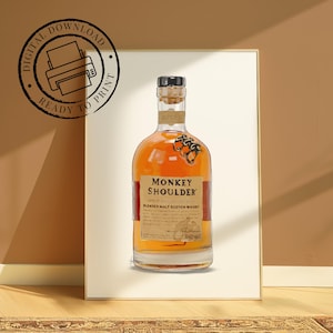 Monkey Shoulder Whiskey Bottle Illustration | DIGITAL DOWNLOAD | Art Print | A5 A4 A3 Prints | Digital Illustration | Bar Cart Print