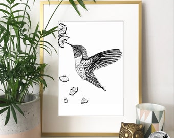 Kolibri Tusche Zeichnung Druck, Schwarz Weiß Stift Illustration