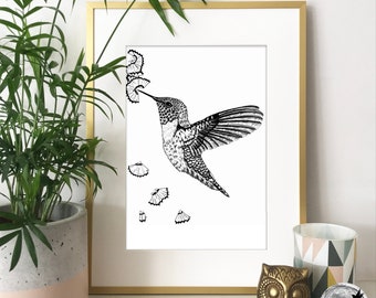 Black White Bird Print ~ Hummingbird Ink Drawing ~ Pen Illustration ~ Hand Drawn Original Nature Sketch ~ A5 A4 A3 Size ~ Little Tweet Art