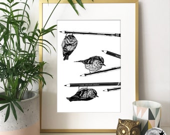 Black White Bird Print ~ Gold Crest Birds Ink Drawing ~ Pen Illustration ~ Hand Drawn Original Nature Sketch ~ A5 A4 A3 ~ Little Tweet Art