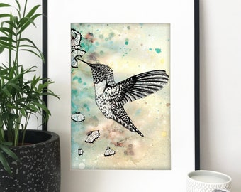 Green Hummingbird Print ~ Black Bird Blue Ink Drawing ~ Pen Illustration ~ Hand Drawn Original Nature Sketch ~ A5 A4 A3 ~ Little Tweet Art