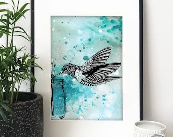 May include: A black and white illustration of a hummingbird drinking nectar from a glass jar. The background is a watercolor wash of blue and green.
