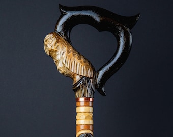 Owl Cane wooden walking stick - ergonomic palm grip handle, wood carved walking cane for men women, comfortable accessory best gift idea