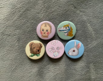 Handmade Pin Badges | Button Pin Badge | 25mm | White Rabbit | Teddy Bear | Bubbles | Carousel Horse | Baby Doll | Gift