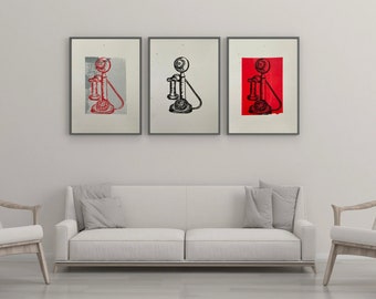 Limited Edition Red & Grey Telephone Screen Print | Art Print | Wall Art | Candlestick Telephone | Varying Styles | Gift