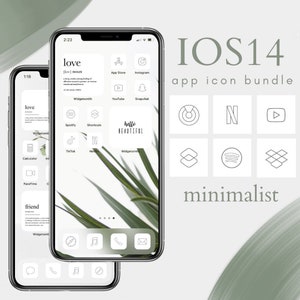 May include: A set of minimalist app icons for iOS 14. The icons are in black and white and feature simple line drawings of popular apps, such as Spotify, Netflix, and YouTube. The icons are displayed on a white background with the text "IOS14 app icon bundle minimalist" in black.