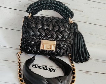 Bolso de noche de ganchillo de lujo, bolso metálico negro de cuero tejido, bolso de hombro personalizado hecho a mano