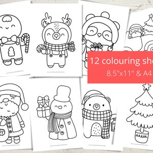 Pagine da colorare di Natale per bambini, fogli da colorare di Natale - Babbo Natale, pupazzo di neve, renne e altro / Stampabili, download immediato / Lettera USA + A4