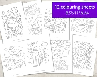 May include: Twelve black and white coloring pages featuring Halloween themes. The pages include images of witches, cats, ghosts, pumpkins, candy, and the words "Trick Treat".