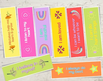 May include: Set of ten colorful bookmarks with positive affirmations. Each bookmark features a different design with a rainbow, stars, a heart, a lightbulb, and a flower. The affirmations include "I am loved", "I can do hard things", "I believe in myself", "I always do my best", "Mistakes help me learn & grow", "I listen to my heart", "I am mindful", "I can be whoever I want to be".