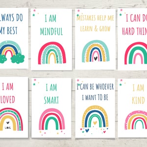 Tarjetas de afirmación para niños - Diseños de arcoíris / Afirmaciones positivas para niños / Fomentar una mentalidad positiva / Descarga digital / Imprimible