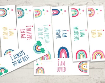 May include: A set of ten colorful rainbow-themed affirmation cards with positive messages such as "I am brave", "I am kind", and "I believe in me".